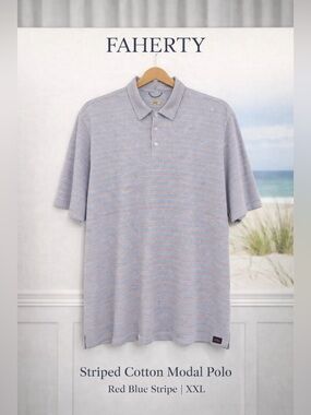 Faherty Striped Cotton Modal Polo Red Blue Knit Shirt Size XXL